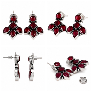 Fashion <b>Red</b> Gemstone Bezel Setting Stud <b>Earrings</b> Floral Statement Silver Plated Vintage Party Jewelry for Women Wholesale - Product Image 4
