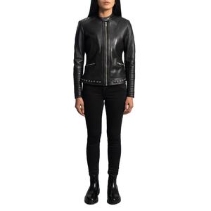 Chaqueta de Cuero Negra Personalizable Estilo Vaquera para Mujer, Diseño Elegante en los Brazos, Patrón Sólido, Estilo Liso - Product Image 1