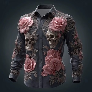 Camisa de Manga Larga para Hombre con Estampado Floral de Calaveras del Día de Muertos, Ropa Casual de Calle para Otoño, Cómoda, de Poliéster - Product Image 1