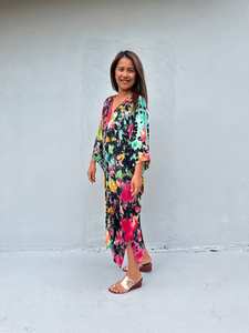 Robe Kaftan Midi FR 28 Noir Arc-en-ciel, Col en V, Tunique Kaftan, Bali, Vacances, Dubaï, Vêtements de Luxe pour Resort - Product Image 5