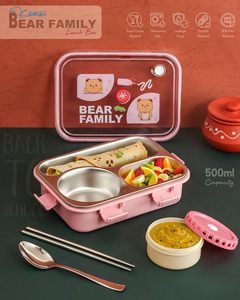 Boîte à lunch rectangulaire en acier inoxydable à 3 compartiments avec ustensiles pour enfants, motif ours mignon - Product Image 2