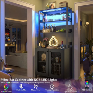 Armoire à vin haute avec éclairage LED, porte-verres, prises électriques, étagères de rangement pour vin, armoire à liqueurs moderne autoportante - Product Image 5