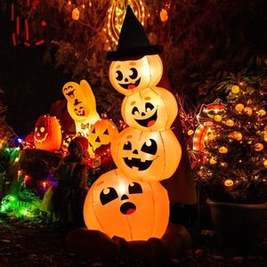 Citrouille gonflable d'Halloween avec chapeau de sorcière et lumières LED - Décoration de jardin extérieure de 7 pieds - Product Image 3