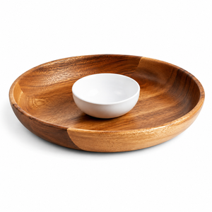 Juego de Cuencos para Servir Aperitivos de Madera de Acacia Premium con Cuenco de Cerámica para Salsas |   Bandeja de Servicio para Fiestas, Hecha a Mano, Apta para Alimentos - Product Image 1