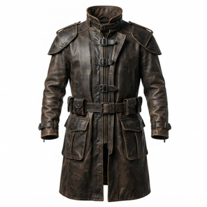 Gabardina de Cuero Genuino para Hombre, Manga Larga, Cuello Camisero, Botón Único, Forro de Poliéster Transpirable e Impermeable, Otoño - Product Image 1