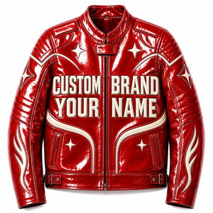 Custom <b>Red</b> Color Leather <b>Jacket</b> With Custom Brand Patch And Ribbed Stripe Trim Cuffs For Unisex Comfort Wear - Product Image 1
