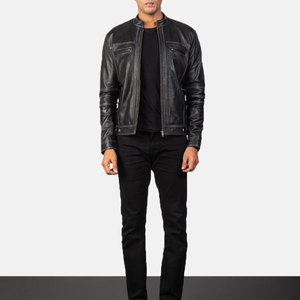 Blouson moto en cuir véritable noir pour homme, col montant, fermeture éclair, coupe ajustée, manches classiques, couleur unie, style automne - Product Image 3