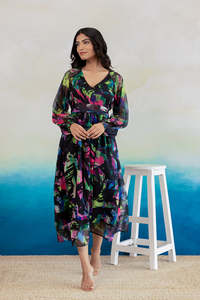 Vestido Midi de Gasa con Estampado Floral, Cuello en V, Manga con Volantes, Corte en A, Holgado, Estilo Boho, Casual de Verano para Mujer, Prenda Elegante - Product Image 4