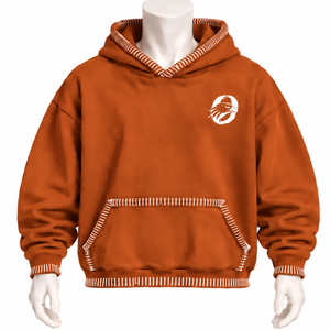 เสื้อฮู้ดดี้สีส้มไหม้ขอบเย็บแต่งสไตล์ดิสเทรส ทรงโอเวอร์ไซส์  พร้อมกระเป๋าจิงโจ้  ตกแต่งด้วยตะเข็บตัดสี  สไตล์ลำลองแนวสตรีทแวร์ - Product Image 1
