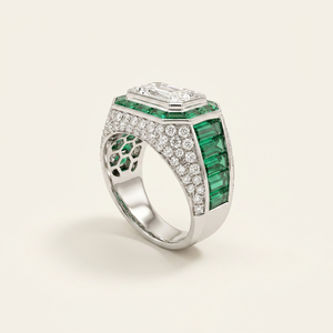 Radiant Cut Moissanite <b>Cocktail</b> <b>Ring</b> Emerald Accents Silver Prong Setting Luxury Unisex Geometric Engagement <b>Ring</b> <b>Gold</b> Plated - Product Image 3