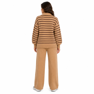 Ensemble de survêtement décontracté pour femme de haute qualité, pull beige rayé à quart de zip et pantalon large, tenue personnalisable avec logo - Product Image 2