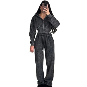 Women's Luxury Hooded Acid Wash Fleece Zip Hoodie Jogger Set Cropped Fit High Waist Streetwear Style 100% Cotton Winter - Product Image 4