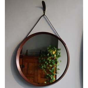 Walnut Wood <b>Round</b> Wall <b>Mirror</b> <b>with</b> <b>Leather</b> <b>Strap</b> 30 Inch Decorative Hanging <b>Mirror</b> for Living Room Entryway - Product Image 1