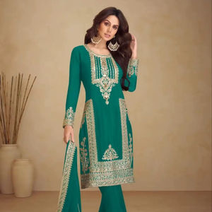 Conjunto de Salwar Kameez para boda, ropa étnica, Salwar Kameez tradicional hasta la rodilla para ocasiones festivas, con bordado de lentejuelas y trabajo Zari. - Product Image 1