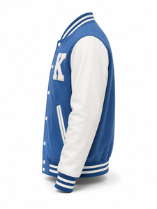 Veste universitaire unisexe en laine bleue avec manches blanches brodées de la lettre K, style streetwear, col rabattu, coupe classique, vêtement d'hiver - Product Image 2