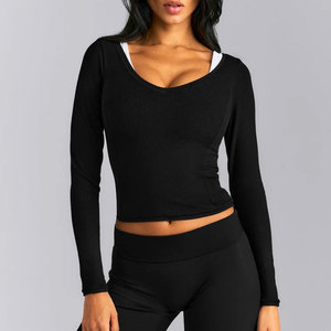Compression Quick Dry Four Way Stretchable Women's Deep Neck Anti-Pilling Material Ribbed Crop Length Exercise <b>Long</b> <b>Sleeve</b> - Product Image 1