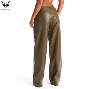 Pantalon en similicuir vert olive tendance pour femme, taille haute, coupe droite, ajustement régulier, style décontracté streetwear, respirant et écologique - Product Image 2