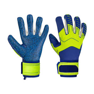 Gants de gardien de but de football bleus et vert néon avec sangle de poignet réglable, protection complète des doigts, équipement sportif unisexe - Product Image 1