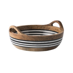 Corbeille à fruits en bois d'acacia sculpté à la main – Organisateur de rangement de comptoir avec poignée en résine incrustée - Product Image 2