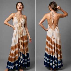 Women's Sweet Y2K Tie Dye Halter V-Neck Sleeveless Loose Fit Maxi Dress with Front Slit Embroidery Boho Beach Holiday Sundress - Product Image 3
