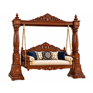 Columpio de madera maciza tallada estilo Maharaja para el hogar, columpio de cuatro postes, estilo europeo antiguo, color marrón, columpio de porche para exteriores, banco de porche, EE. UU. - Product Image 1