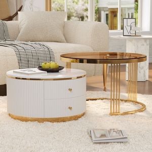 Tavolino da Caffè Moderno Rotondo a 2 Pezzi con Piano in Vetro Temperato Marrone e Cassetti, 27,6 Pollici - Product Image 4