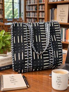 <b>Black</b> Geometric <b>Tote</b> <b>Bag</b> | <b>Quilted</b> Cotton Shoulder Shopping <b>Bag</b> | Handmade <b>Tote</b> <b>Bag</b> For Shopping, Travel, Beach <b>Bag</b> For Women's - Product Image 3
