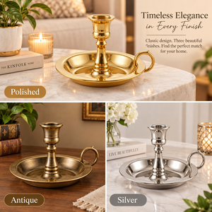 Porte-bougie classique en laiton avec plateau rond et poignée latérale, support de bougie conique fait main, décoration de table à manger et de la maison - Product Image 4