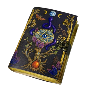 Diario de hechizos de cuero para brujas Wiccanas, cosido a mano, con pentáculo impreso, diseño de árbol de la vida y luna, diario de regalo, libro de tapa dura - Product Image 1