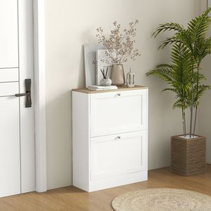 Mobiletto Moderno e Sottile per Scarpe in Stile Rustico con 2 Cassetti Ribaltabili e Ripiani Regolabili per 12 Paia, Bianco, Stile Legno Pannellato - Product Image 2
