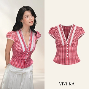 เสื้อสตรีคอวีลายสก๊อตสีแดงแขนสั้นเสื้อลูกไม้ติดกระดุมเปปลัมวินเทจเรโทรฤดูใบไม้ผลิฤดูร้อนเสื้อ LESTER - Product Image 1