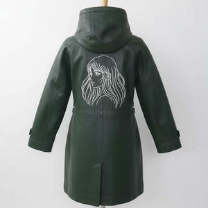 Veste coupe-vent longue à manches longues en cuir imperméable vert foncé avec doublure en coton écologique pour femme, logo personnalisé, automne - Product Image 2