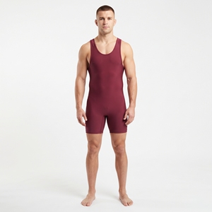 Traje de Lucha de Una Pieza para Hombre, Color Borgoña Sólido, Transpirable, de Spandex y Poliéster, Elástico, Deportivo, con Ribete de Color - Product Image 1