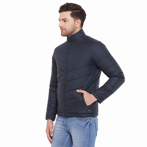 Men's Dark Blue Puffer Jacket Stand Collar <b>Covered</b> <b>Button</b> Closure Windproof Casual Regular Fit Polyester Wadding Patchwork - Product Image 3
