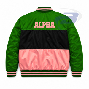 อัลฟ่า |   คาปา |   เสื้อแจ็คเก็ตครอปปักลายสำหรับผู้หญิง Alpha Sorority ชุดกีฬายูนิฟอร์มกรีกสไตล์วินเทจ สีเขียวและชมพู - Product Image 3