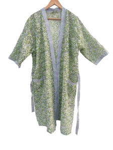 Robe kimono en coton imprimé floral vert – Style bohème, longue, ouverte sur le devant, avec ceinture à nouer à la taille - Product Image 2