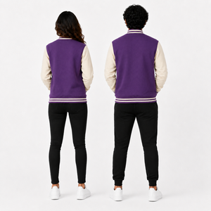 Chaqueta Varsity Personalizable Unisex Morada y Crema con Cierre de Broches, Mangas en Contraste, Ribete Acanalado y Bolsillos para Ropa Urbana - Product Image 2