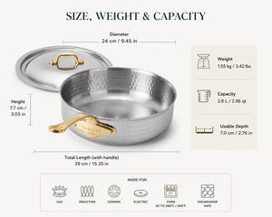 Hammered Stainless Steel Cooking <b>Pan</b> <b>With</b> Brass Handle <b>Lid</b> Luxury Kitchen Cookware Saucepan Wholesale Supplier India OEM Custom - Product Image 6