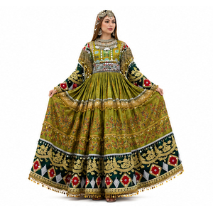 Vestido Étnico Afgano Kuchi de Chifón, Largo hasta el Suelo, Hecho a Mano, Bordado, con Cuentas y Apliques, Lavable, Tribal - Product Image 1