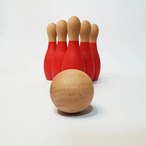 Wooden <b>Bowling</b> Pins Set Red Painted Handmade Polished Freestanding Natural Wood Indoor/Outdoor Garden Party Family Game - Product Image 1