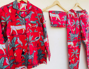 Conjunto de Pijama de Verano Ecológico de Algodón con Estampado de Jungla Roja para Mujer, Manga Larga, Pantalón Largo, Ropa de Dormir Informal con Estampado Animal - Product Image 3
