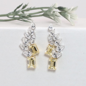 Luxury Gold Canary Yellow Emerald Pear Cut <b>Earrings</b> with Lab Grown Diamonds <b>Wing</b> Cluster Dangle Design Women's Statement Jewelry - Product Image 1