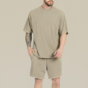 Men's Casual Black T-Shirt And Shorts <b>Set</b> <b>Knitted</b> Solid Color Summer Outfit Drop Shoulder Short Sleeve Drawstring Pants - Product Image 2