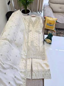 Ivory Pearl Work Pakistani Sharara Suit Women Heavy Embroidery Organza Dupatta Wedding Party Ethnic 3 Piece <b>Dress</b> - Product Image 2