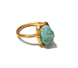 Anillo de Larimar Natural en Bruto, Plata de Ley 925 Sólida, Chapado en Oro, Hecho a Mano, Estilo Bohemio Azul, Anillo de Tercera Pieza - Product Image 1