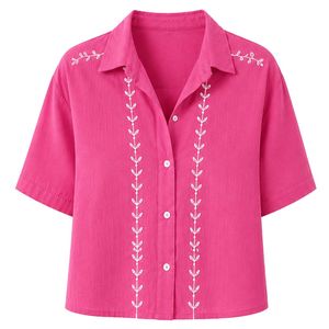 Camisa Corta Bordada Rosa Intenso Personalizada para Mujer, Blusa Casual de Verano con Botones y Manga Corta, Top de Moda con Logotipo Personalizado en Mezcla de Lino - Product Image 1