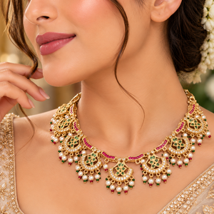 Traditional <b>Indian</b> Jadau Necklace and Earrings Set with American Diamond Gold Plating for Women, Ethnic Bridal <b>Jewellery</b> - Product Image 2