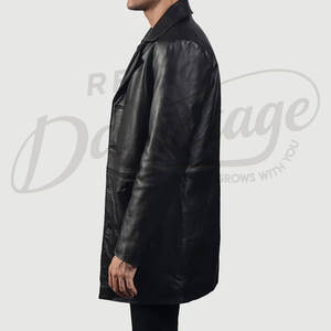 Manteau mi-long en cuir véritable noir de qualité supérieure pour homme - Trench-coat classique en peau de mouton véritable coupe ajustée avec fermeture boutonnée - Product Image 4