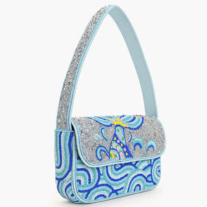 Sac de conservation du lait maternel bohème perlé, motif sirène, en tissu fait main, bleu et argenté, à motifs brodés, multifonctionnel, capacité 3L - Product Image 1