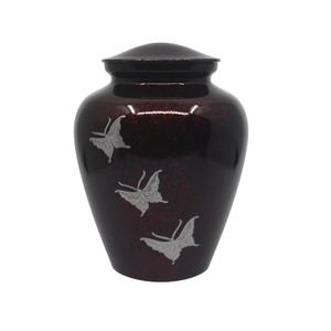 Aluminium Crimson Red Metal Cremation Urn for Human Ashes Silver Engraved Butterfly Urn <b>Large</b> Adult Funeral <b>Jar</b> - Product Image 1